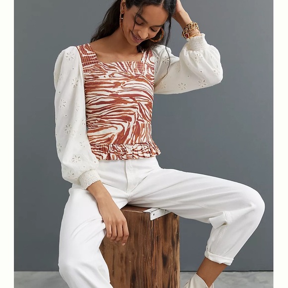 NWT Anthropologie Love The Label Smocked Puff-Sleeve Blouse XL - Picture 3 of 8